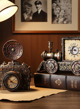 美式复古摆设老物件书房家用玄关电视柜装饰摆件装饰品朋克风时钟