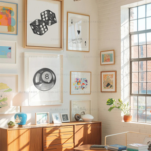 儿童房装饰画台球扑克牌沙发墙画男孩房壁画卧室黑白抽象客厅挂画