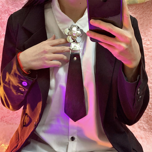 2025新款 领结酷女 皮革领带朋克风珍珠花朵金属夹领带免打脖子衬衫