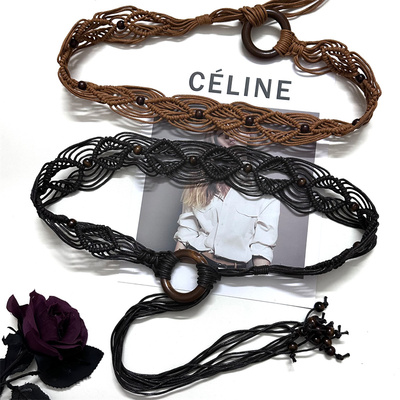 复古圆扣编织宽腰带女配裙子