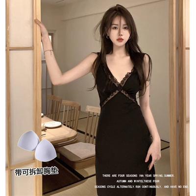 赫本风黑色纯欲风冰雪丝性感睡裙