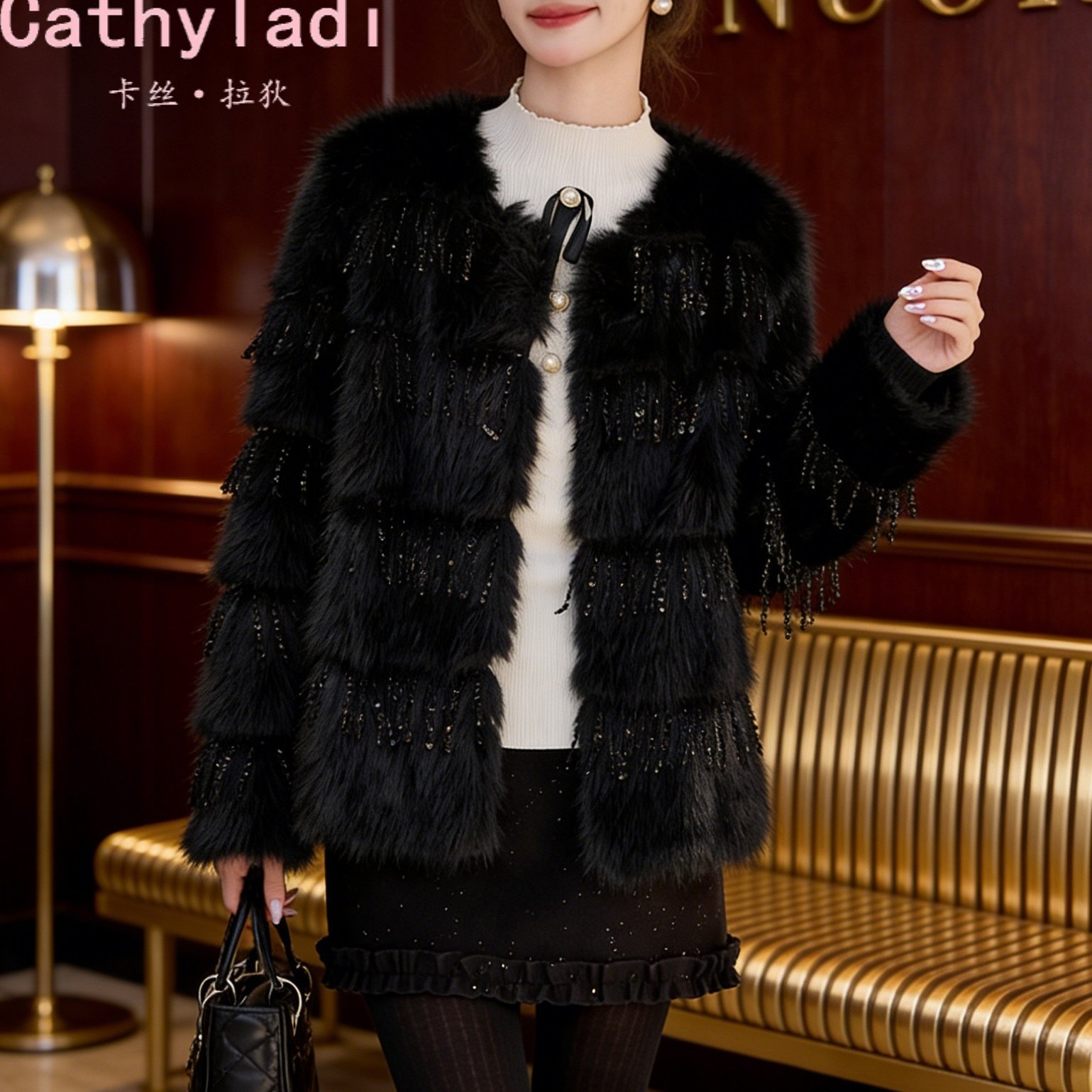 CATHYLADI千金风保暖高级感外套2026年冬季时尚轻奢简约圆领上衣