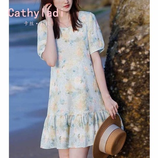 CATHYLADI法式 连衣裙女 优雅圆领碎花A字裙2025夏季 甜美显瘦中长款