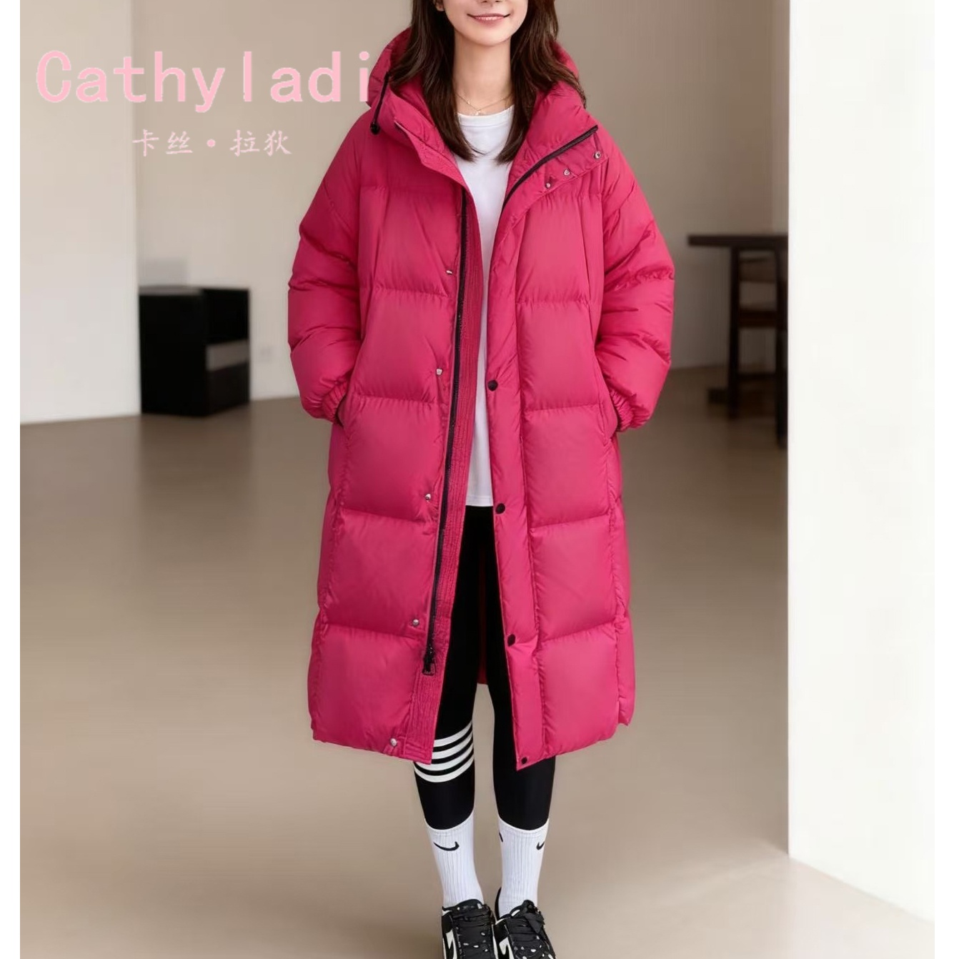 CATHYLADI宽松玫红色气质羽绒服