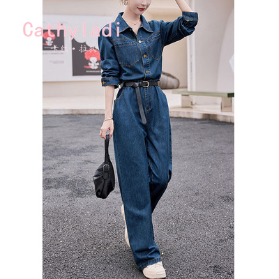 CATHYLADI牛仔阔腿连体裤