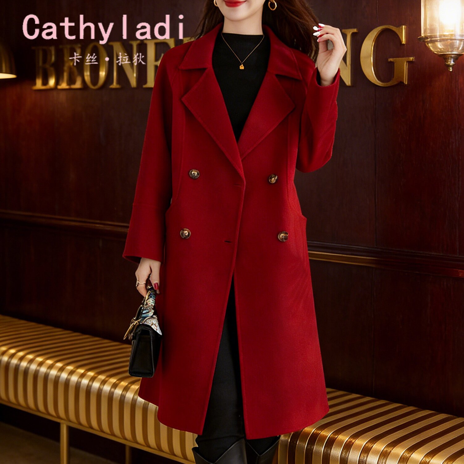 CATHYLADI红色高级感毛呢外套2026年冬季轻奢时尚气质中长款大衣