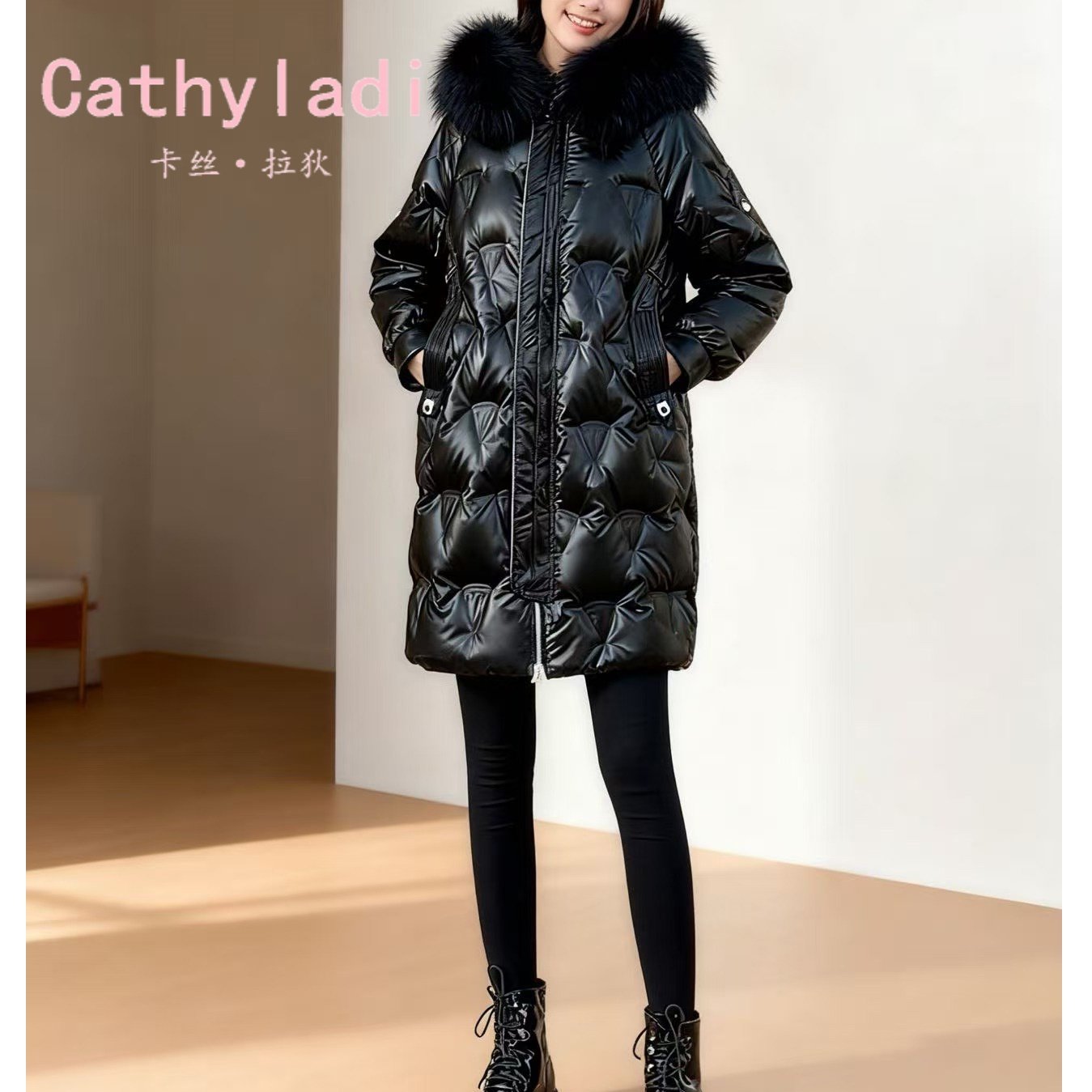 CATHYLADI黑色亮面中长款羽绒服2025冬季时尚加厚保暖连帽外套女
