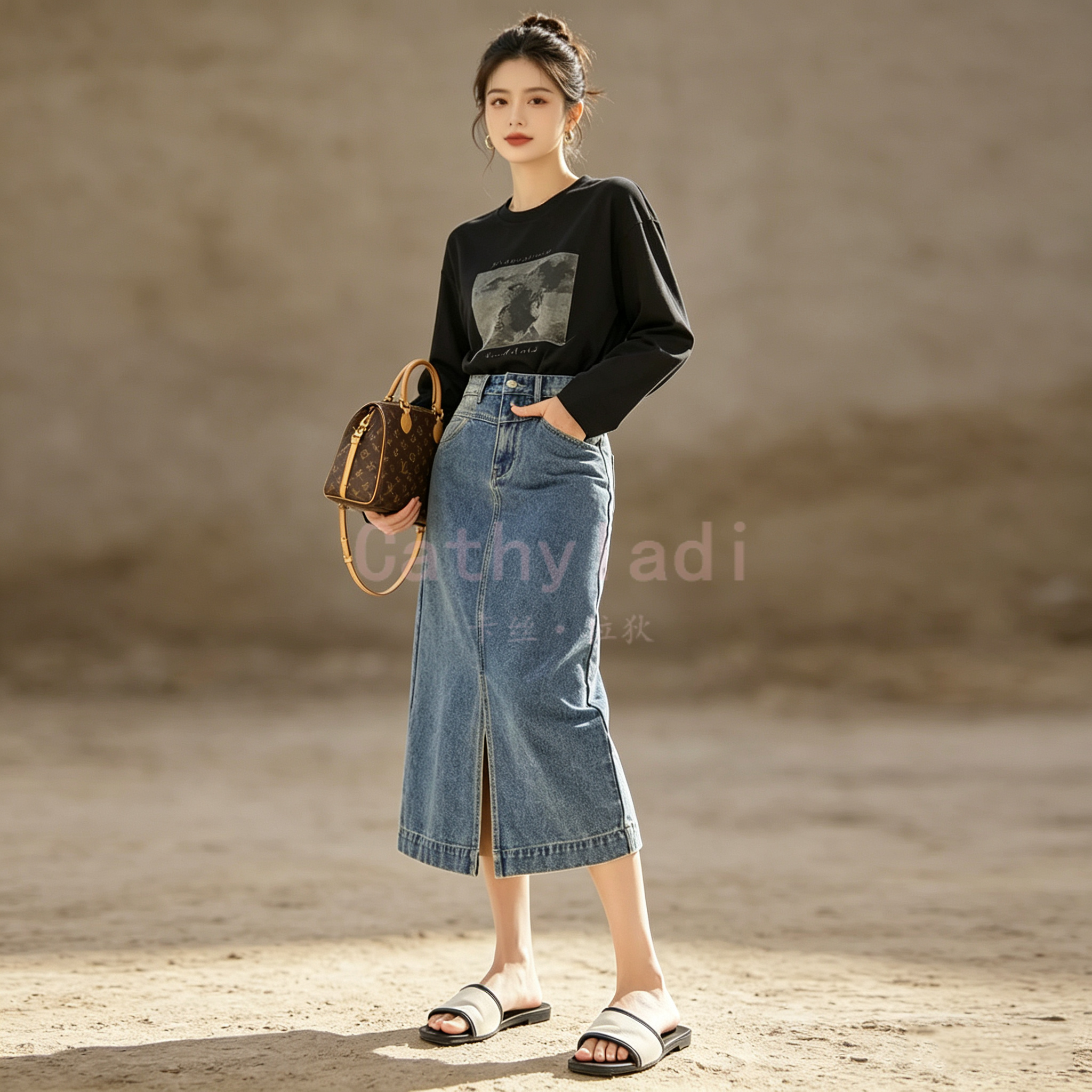 CATHYLADI夏季复古牛仔半身裙女中长款开叉A字裙宽松休闲蓝色裙子