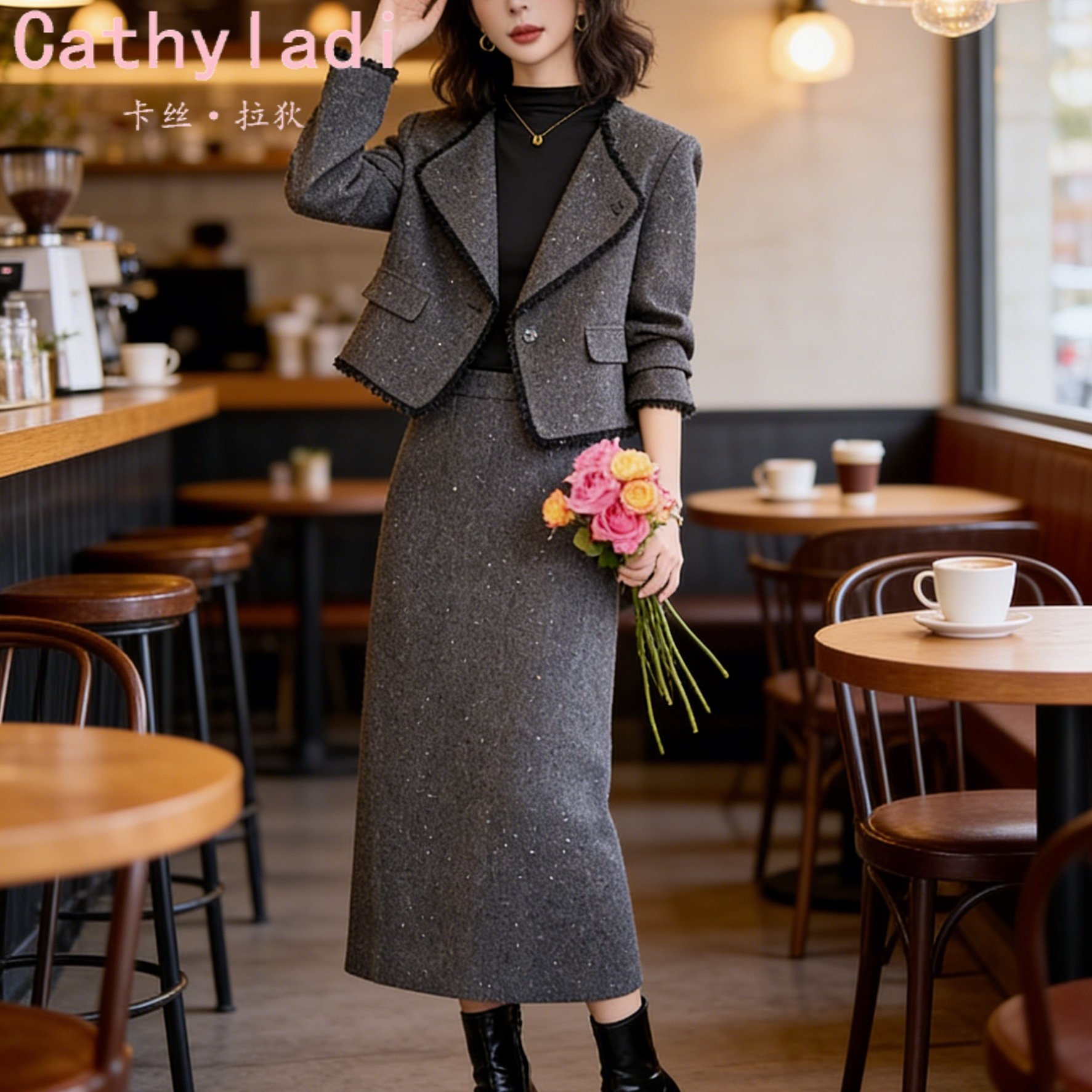 CATHYLADI气质名媛小香风套装秋冬季新款显瘦西装半身裙两件套女