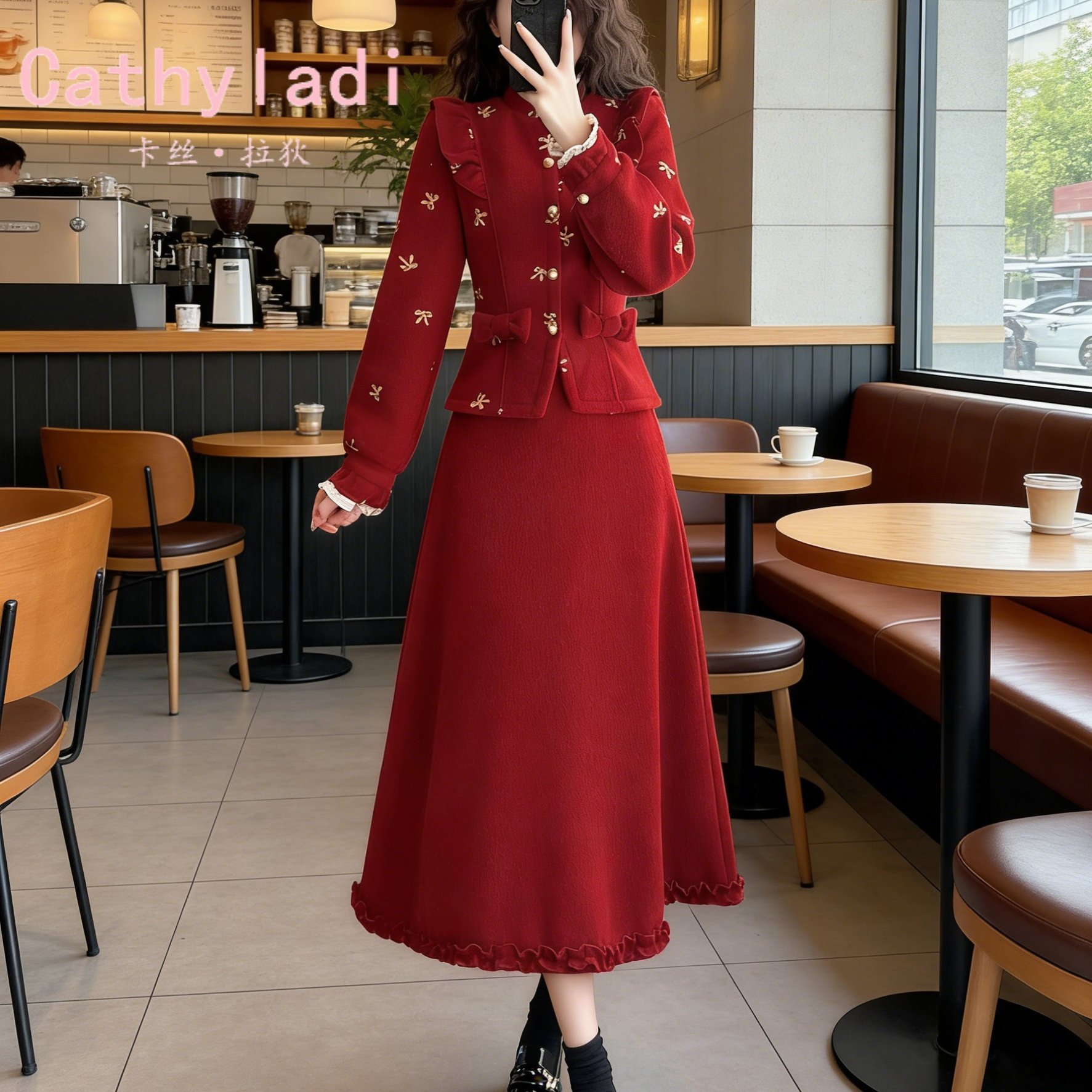 CATHYLADI红色法式名媛时尚套装2026年冬季气质外套半身裙两件套