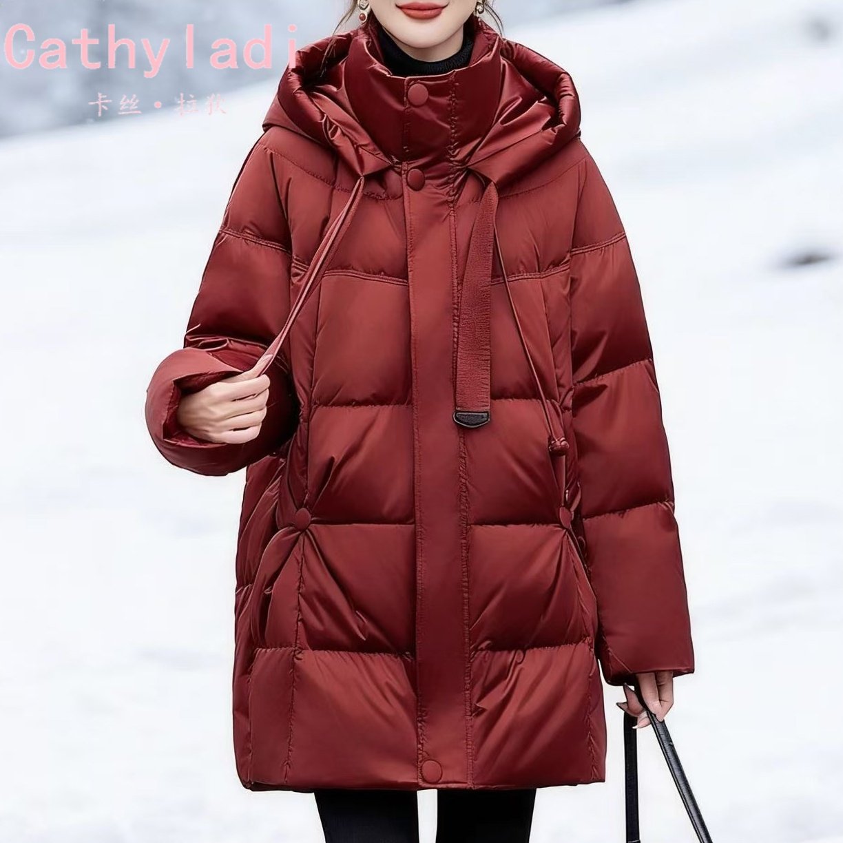 CATHYLADI红色连帽中长款羽绒服2025年冬季加厚保暖宽松显瘦外套