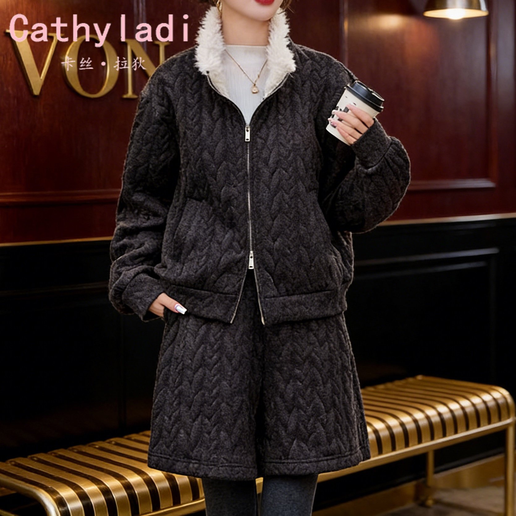 CATHYLADI复古休闲加厚保暖套装2026年冬季休闲外套短裤两件套女