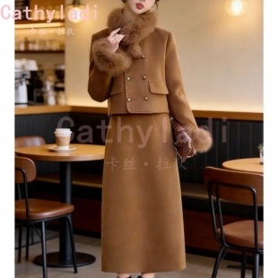 CATHYLADI复古千金小香风套装2025年冬季加厚外套半身裙两件套女