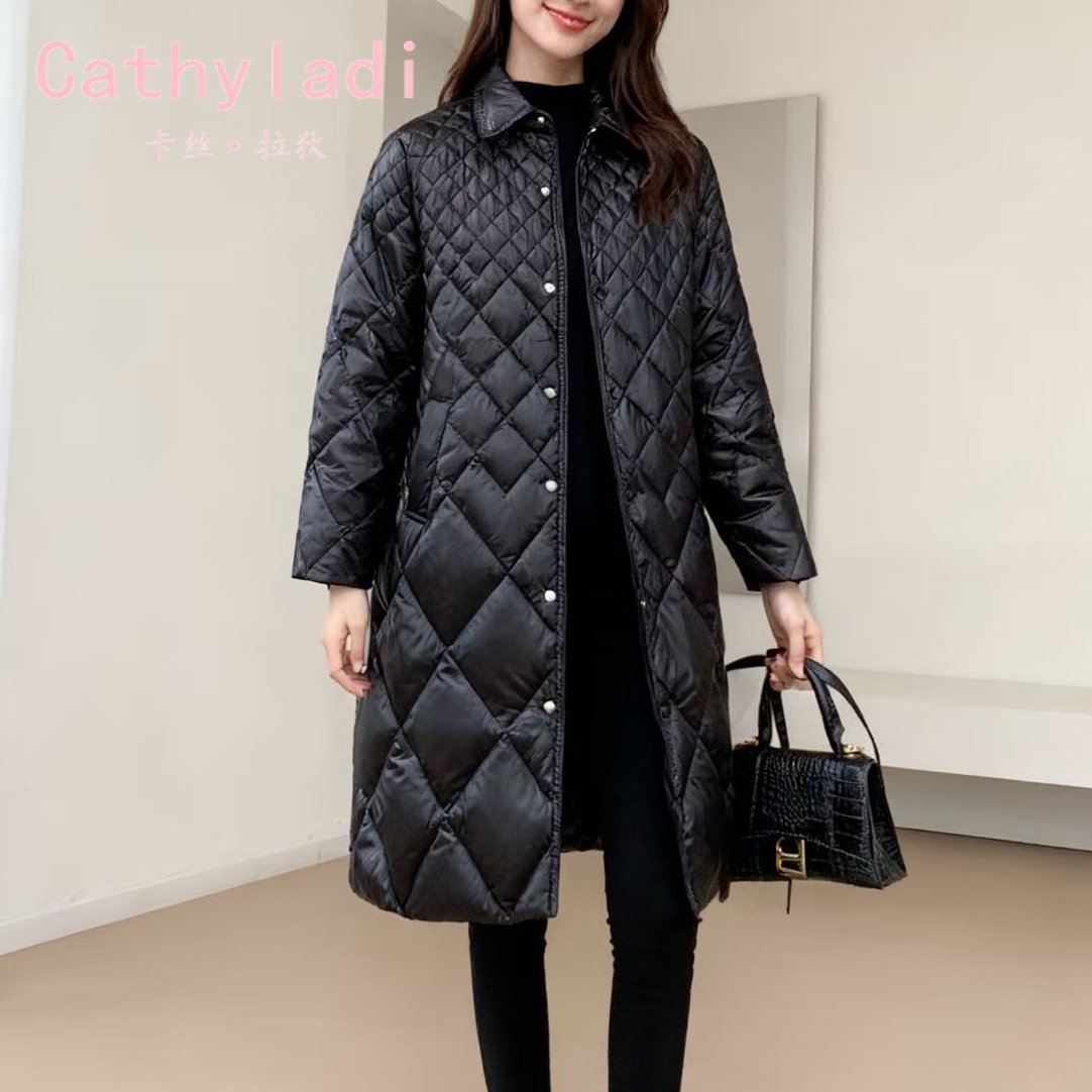CATHYLADI亮面菱形中长款羽绒服2025年时尚气质黑色加厚保暖外套