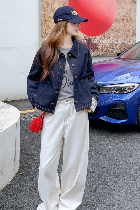 【秋季新款】条纹拼接翻袖牛仔外套B100-8676-p155-k228,女装风衣,浙宝100
