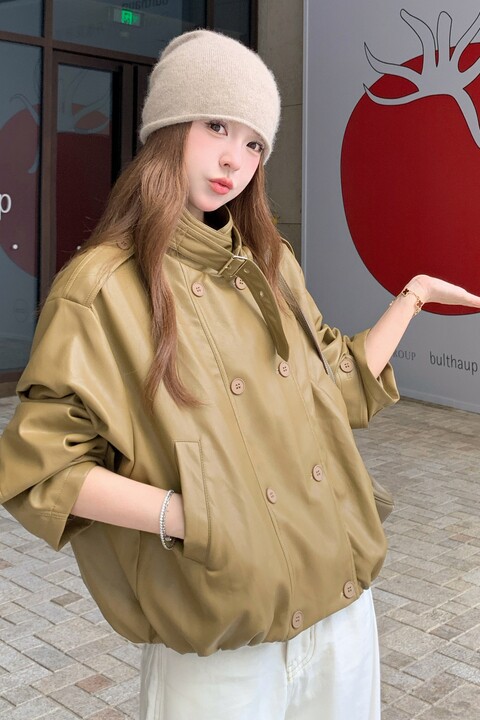 [新款】高领双排扣休闲皮衣外套100-8677-p165-k228,女装风衣,浙宝100