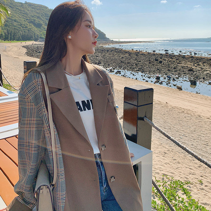 2023春季新款现货格子拼接西装外套077-2215-P90控158无差价,女装西装,浙宝100
