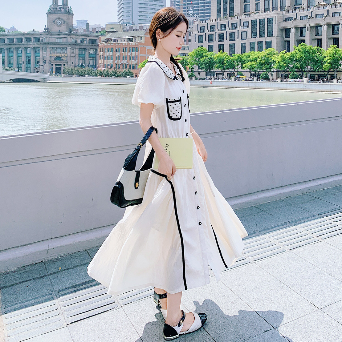 现货主推，甜美小香风撞色长款白色连衣裙女3205-p115-k168,女装连衣裙,浙宝100
