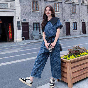印花拼接娃娃领牛仔连体裤女夏高级感网红爆款连衣裤炸街小众图片