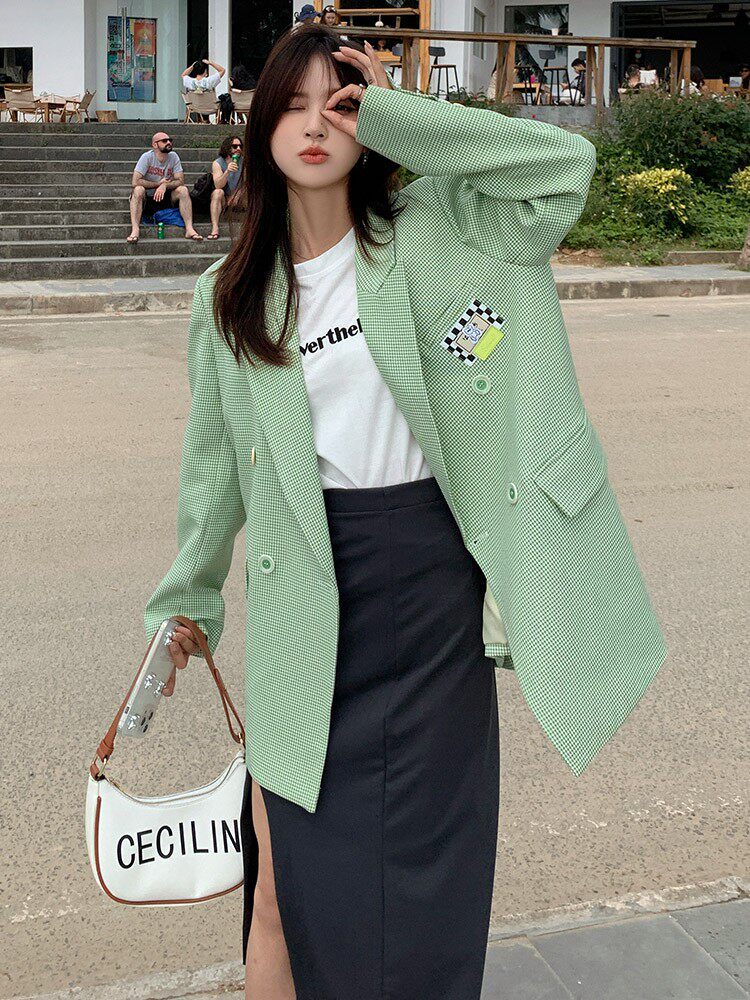 绿色千鸟格小西装077-w259_P105-K168，女装西装，浙宝100