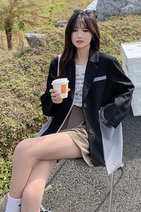 黑色西装外套女拼接撞色2025春秋季韩版宽松网红炸街垂感通勤西服图片