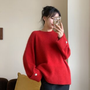 加厚打底上衣 红色毛衣女款 2025新款 秋冬设计感宽松女士针织衫 冬季