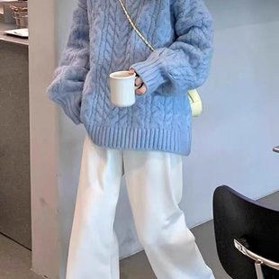 奶蓝色v领麻花毛衣女加厚秋冬季 上衣 2025新款 外穿宽松慵懒风爆款