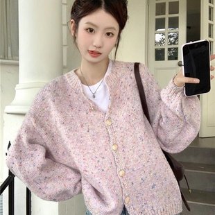 溫柔韓版 開衫 秋冬慵懶寬松設計感彩點針織衫 外套上衣 圓領毛衣新款
