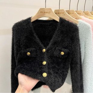 针织开衫 软糯水貂绒v领毛衣女秋冬内搭温柔小香风短款 外套女上衣