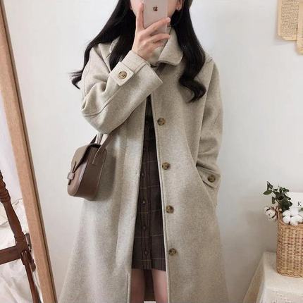 学生毛呢外套女中长款2025秋冬新款韩版宽松显瘦加厚过膝呢子大衣