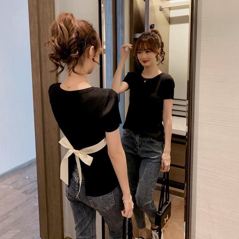 后背系带冰丝针织上衣女2025夏季新款韩版修身短袖T恤百搭打底衫