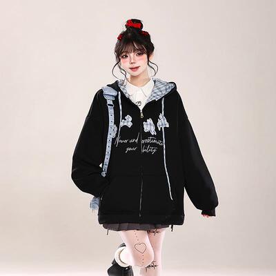 韩系慵懒风刺绣开衫连帽卫衣女春季新款穿搭超火减龄宽松休闲外套