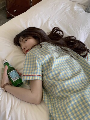 睡衣女撞色格子棉ins风家居服
