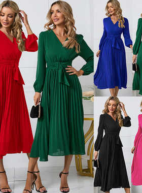 2025 Women's Long-sleeve Slim-fit Pleated Belt V-neck Dress