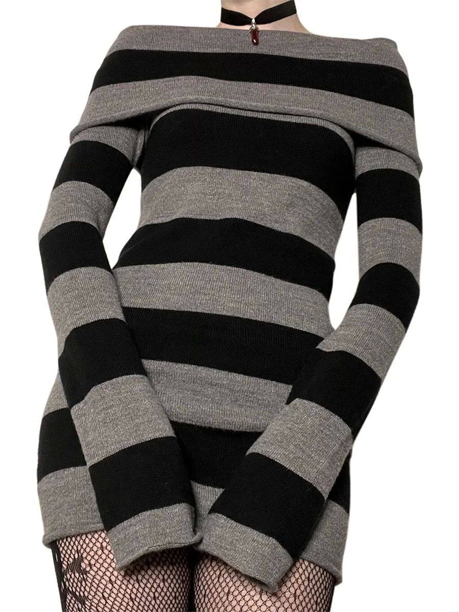 women mini bodycon dress stripe boat-neck long sleeve short