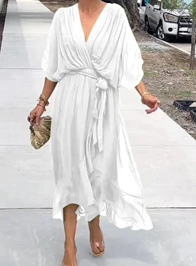 2025 Women's Solid lor Lace-up Long Dress Bat Sleeve Irregul