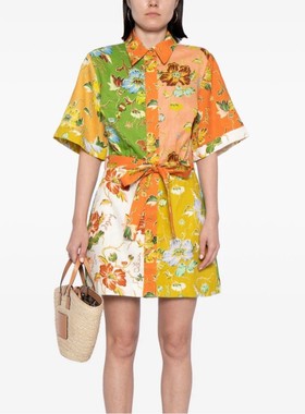 2025 Women's tton And Linen Floral Print Lace-up Short Sleev