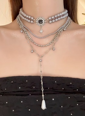 银灰色多层叠戴珍珠项链女复古小众轻奢高级感choker锁骨链配饰