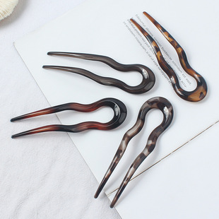 韩国网红盘发头饰发夹醋酸发簪简约U型波浪双插古典日常旗袍发钗