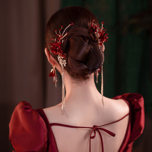 新款 浪漫敬酒服丝绒风铃花水晶流苏发夹造型边夹头饰品 新娘韩式