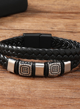 跨境个性几何方块花型双层皮质磁吸扣手链  合金配饰手工编制手镯