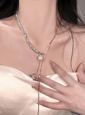 可抽拉式高级感珍珠碎银子拼接项链女时尚小众设计长款毛衣链配饰