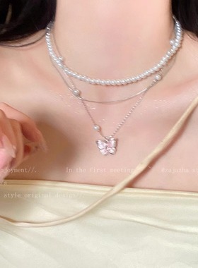 珍珠蝴蝶叠戴项链女生甜酷辣妹气质配饰轻奢高级感小众设计锁骨链