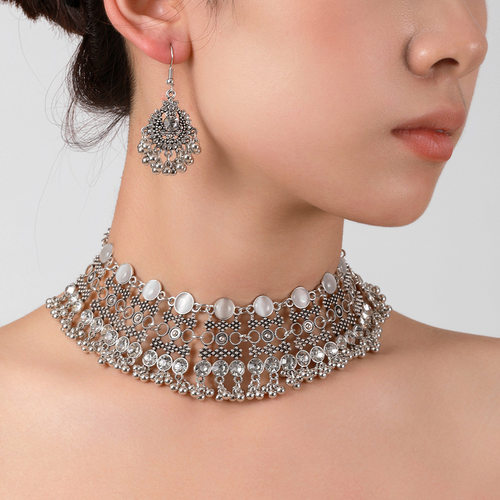 欧美异域风复古简洁镀银金属配饰松石猫眼两件套项链耳环组合套装