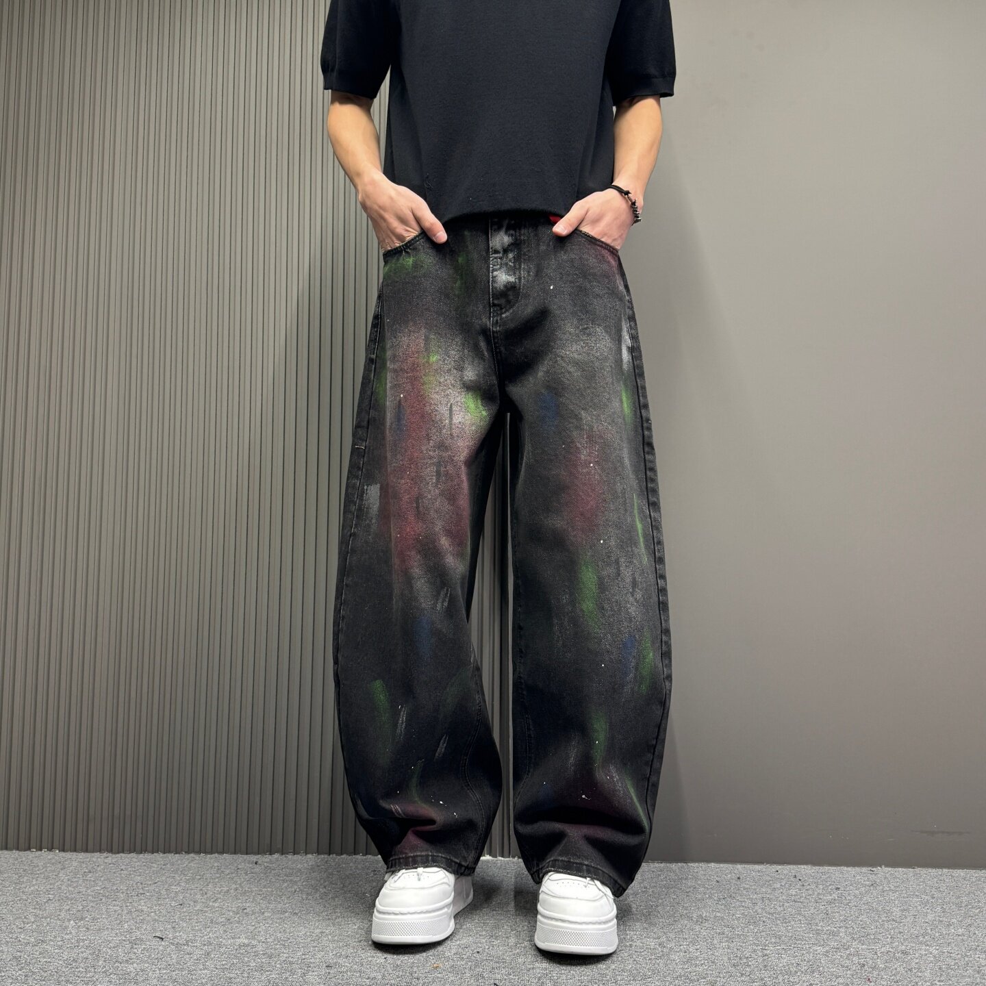 男士重磅泼漆复古做旧直筒牛仔裤