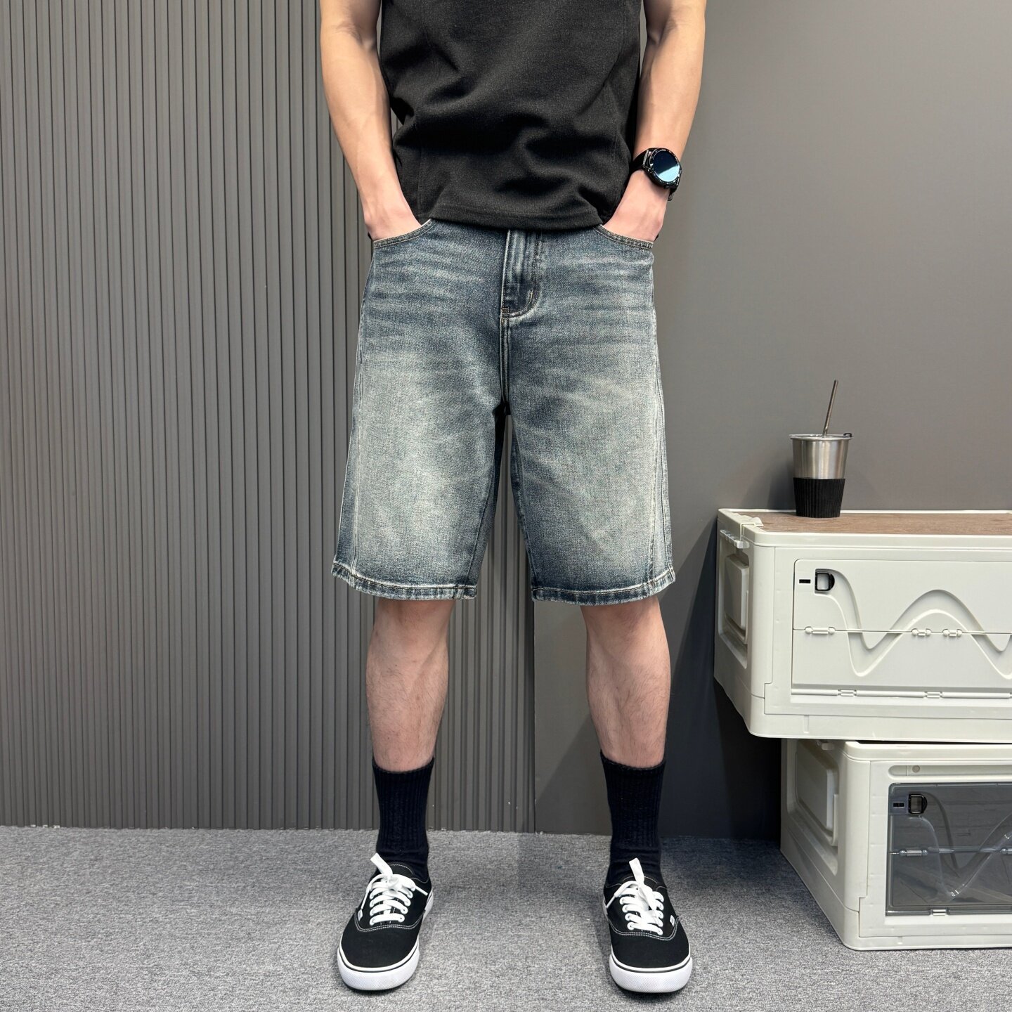 怀旧渐变牛仔短裤男大码宽松直筒五分裤夏季潮牌痞帅休闲中裤