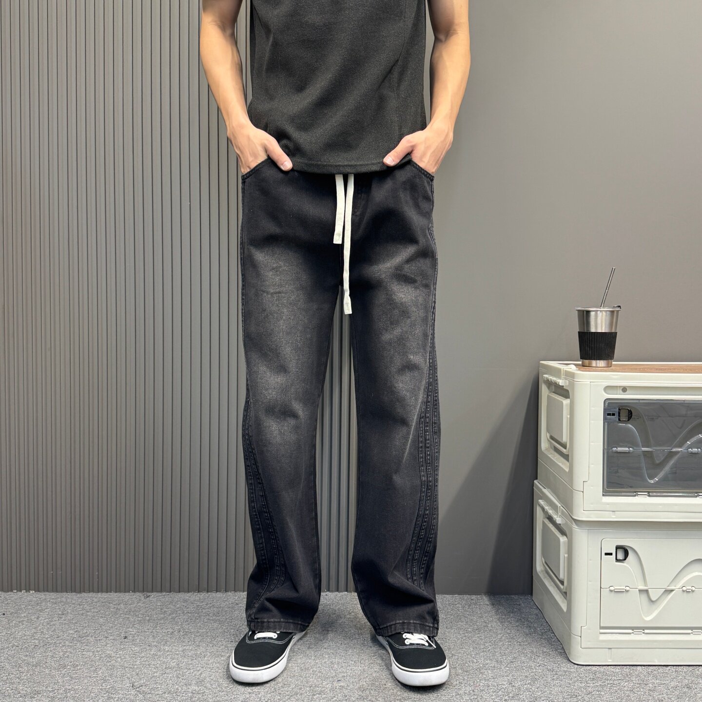 复古牛仔裤男美式高街秋季新款宽松直筒潮牌条纹青少年长裤子