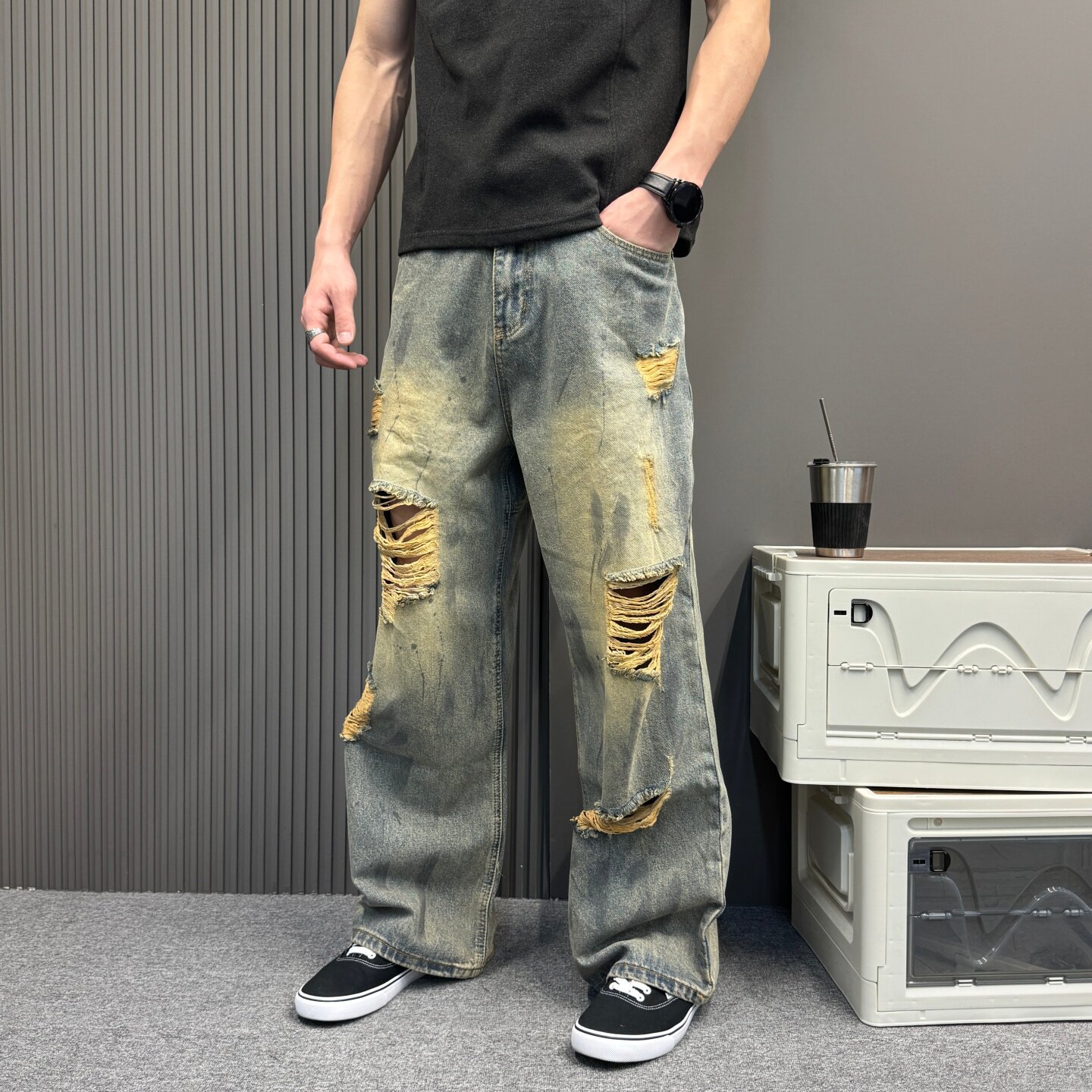 水洗复古乞丐破洞牛仔裤男女夏季休闲直筒新款显瘦拖地身材裤子潮