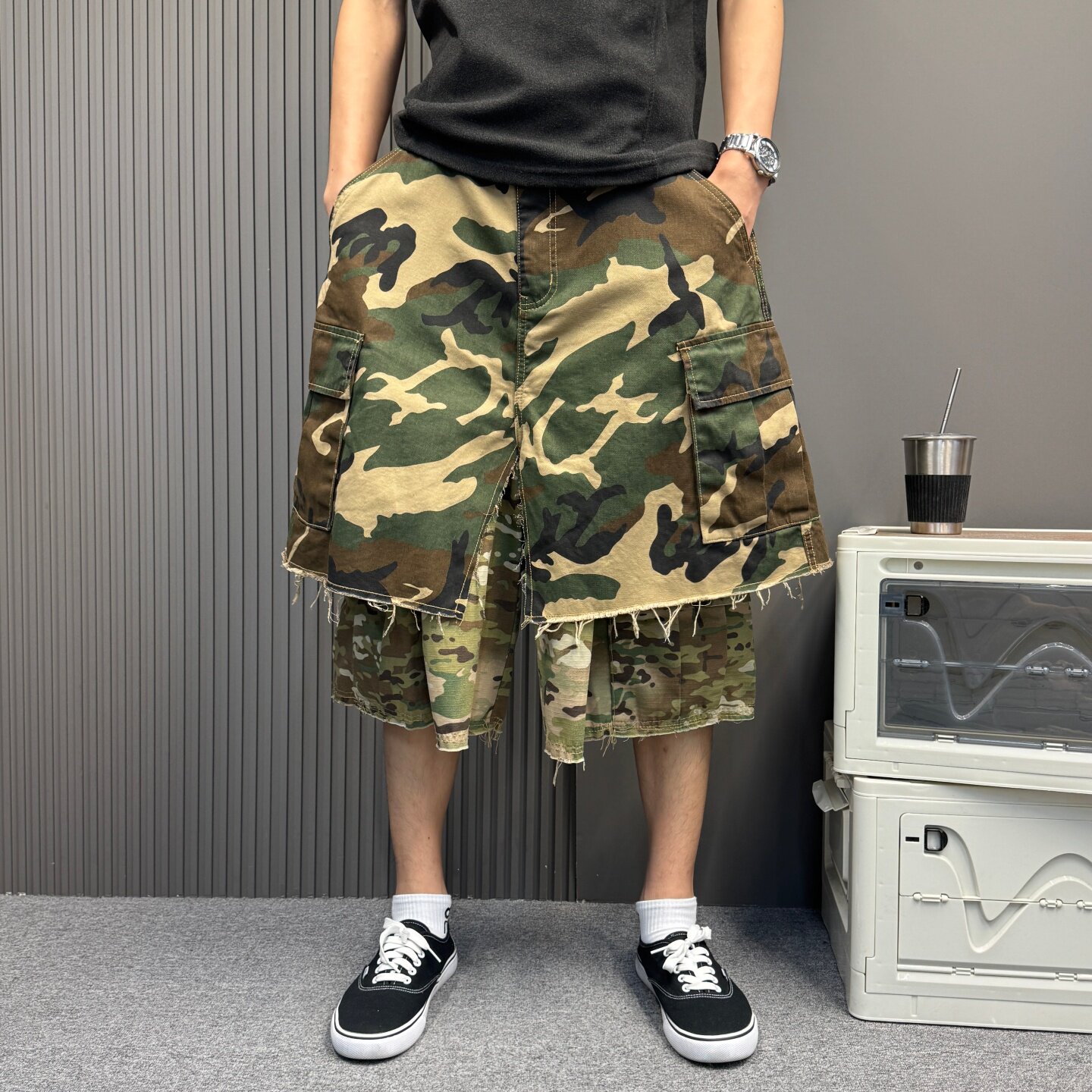 迷彩假两件大破坏拼接阔版做旧七分裤短裤男