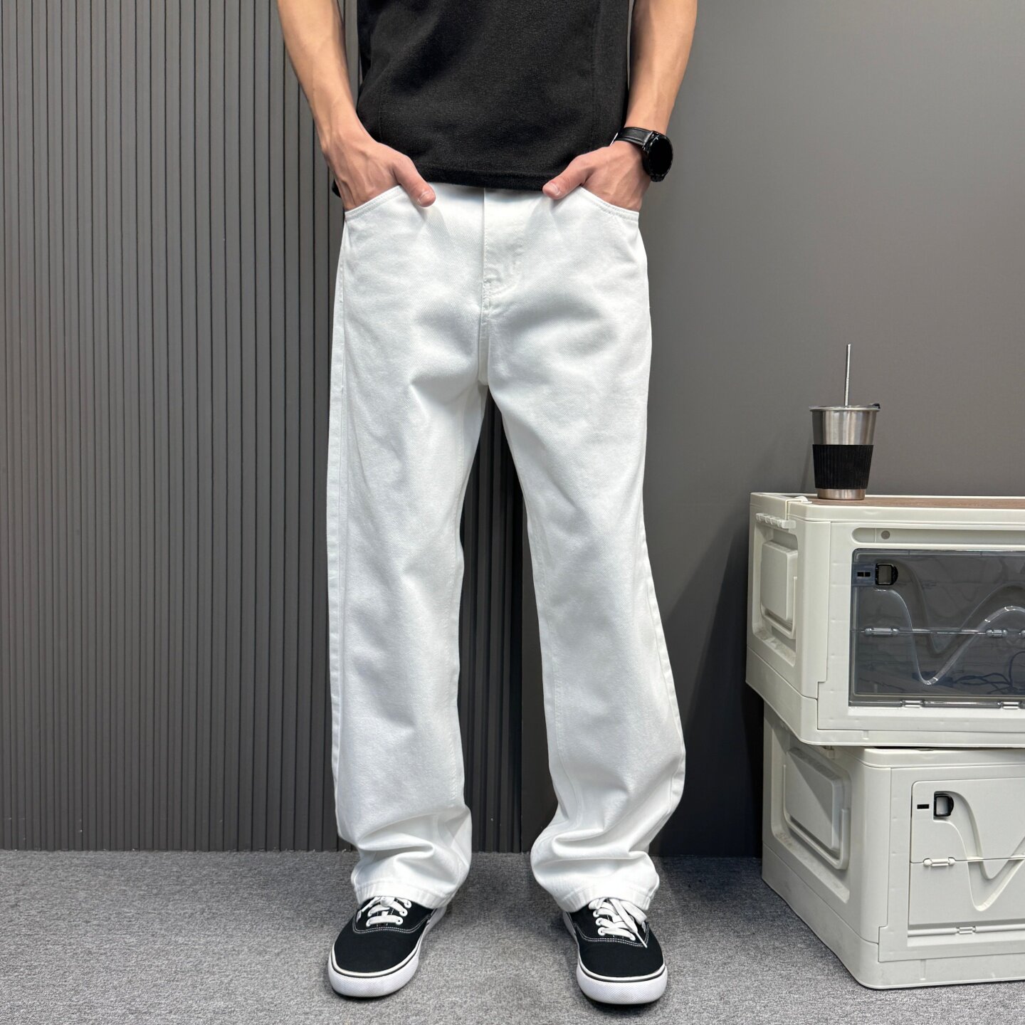 白色牛仔裤男士秋季cleanfit高级感休闲百搭长裤直筒宽松阔腿裤子